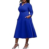 Nmoder Women's Plus Size Stretchy Flared Wrap Dress Casual Wedding Guest Midi Dresses V Neck 3/4 Sleeve A-Line Swing Dress