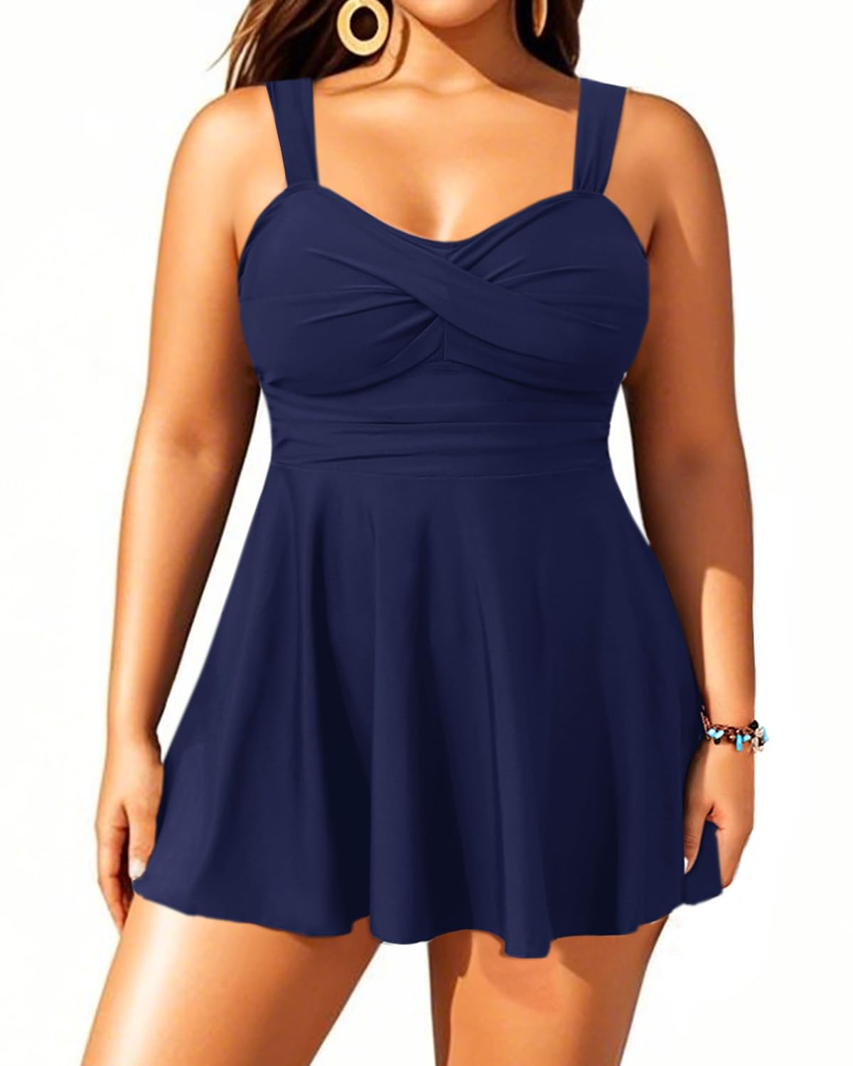 Photo 1 of Aqua Eve Plus Size Two Piece Swimsuits for Women Tankini Bathing Suits Flowy Swim Dress with Shorts Navy Blue 26W
