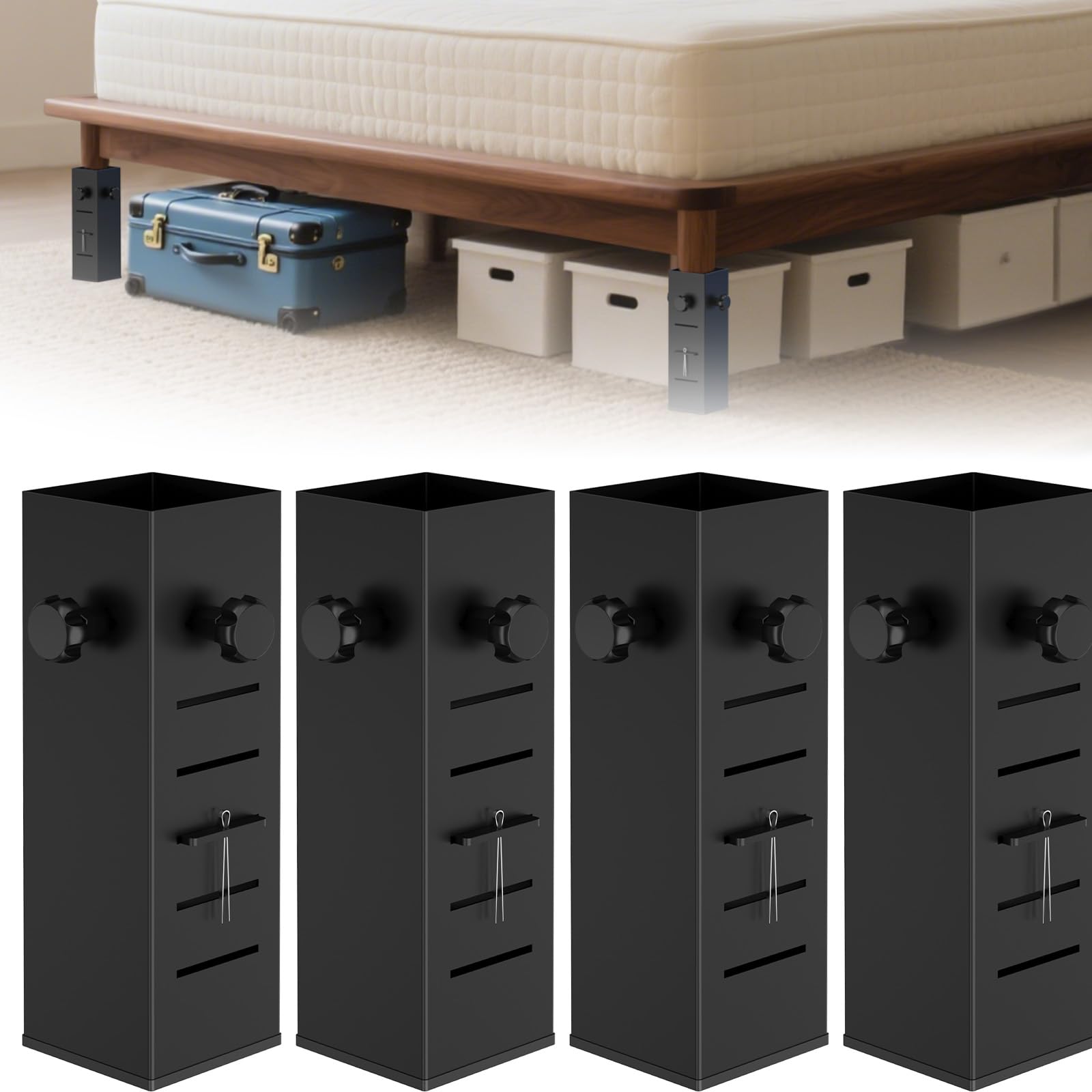 Photo 1 of YUEYIN Heavy Duty Dorm Bed Risers Extenders, Increase Under-Bed Storage Space, Fits Bed Legs 2.2" to 3" Diameter, Thickened Steel for Extra Stability, 5-Level Adjustable Height, Black, 4-Piece.