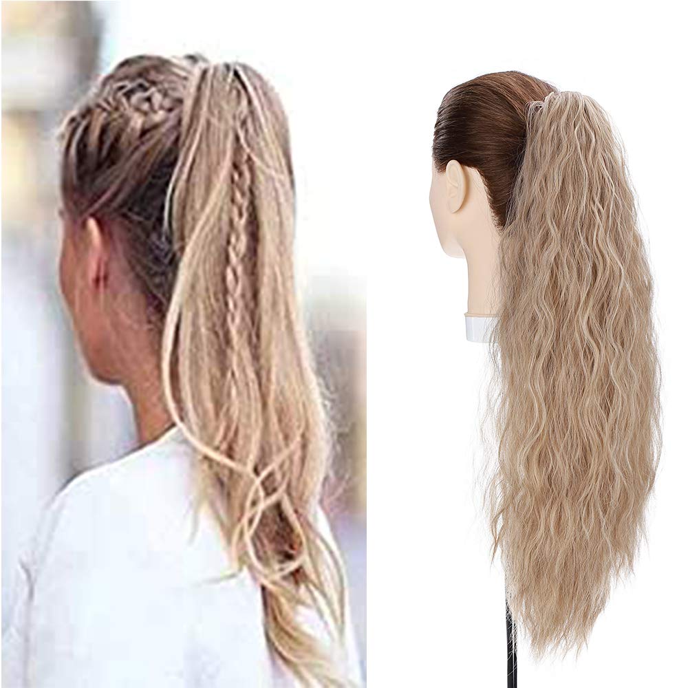 24" Corn Wave Ponytail Extension Claw Clip on Ponytails Wavy Curly Hair Extensions Jaw Pony Tail Hairpiece Light ash Brown mix Bleach Blond
