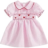 Honganda Toddler Baby Girl Valentine's Day Outfit Puff Sleeve Doll Collar Heart Smocked Dress Summer Plaid Princess Dresses