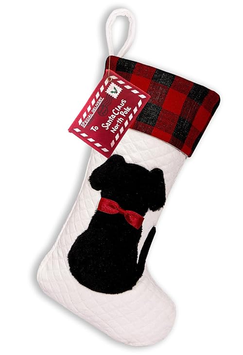 Dog Christmas Stocking Dual-Layer, 20 inch Dog Stocking Single, Pet Christmas Stockings with 3D Black Doggy, Large Animal Buffalo Red Plaid Xmas Stockings for Dogs Family Decorations