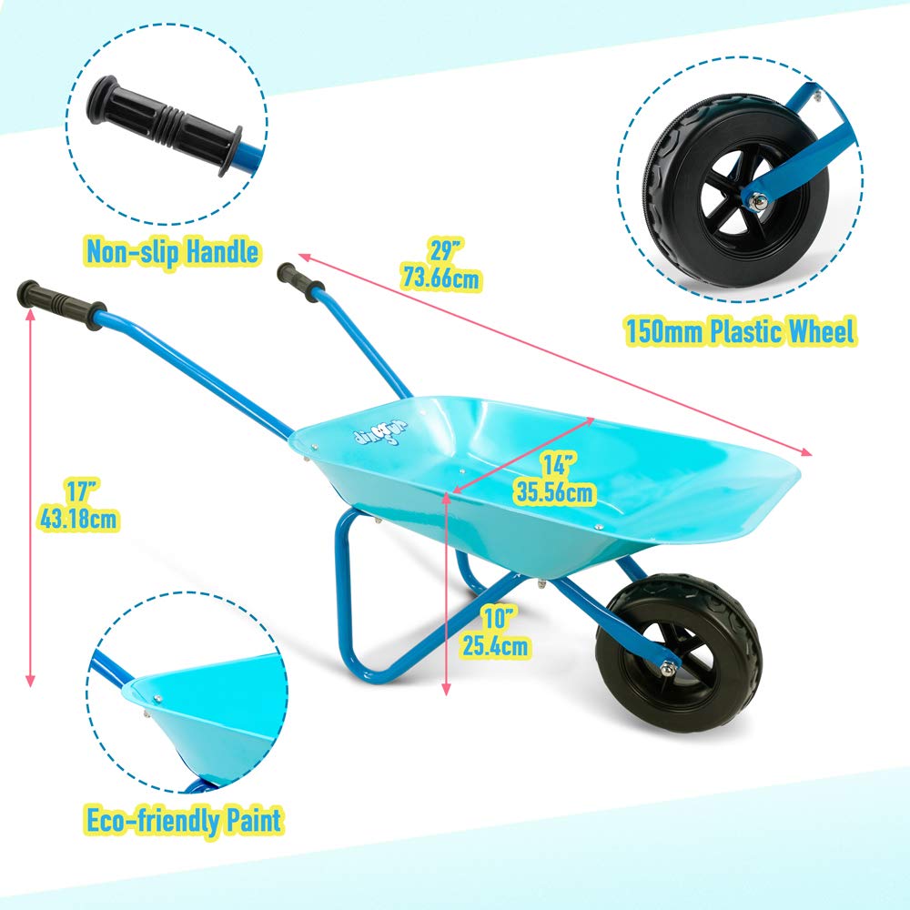 Colwelt Kids Wheelbarrow 5Pcs, Steel Wheelbarrow for Kids with Kids Gardening Tools and Gloves(Blue), Gardening Tools for Kids