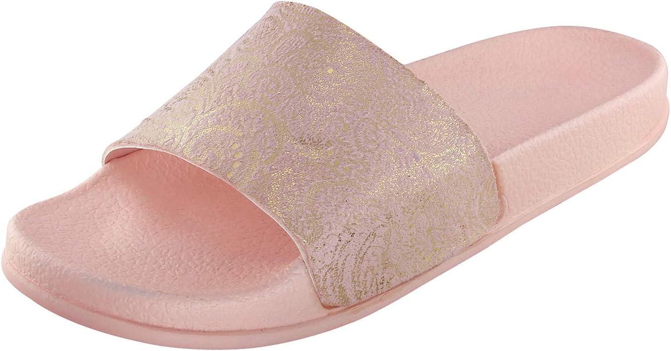 Zapatoz Women's/Ladies/Female's Synthetic Leather Flower Print Pink Casual Slippers_(Flower-Pink)