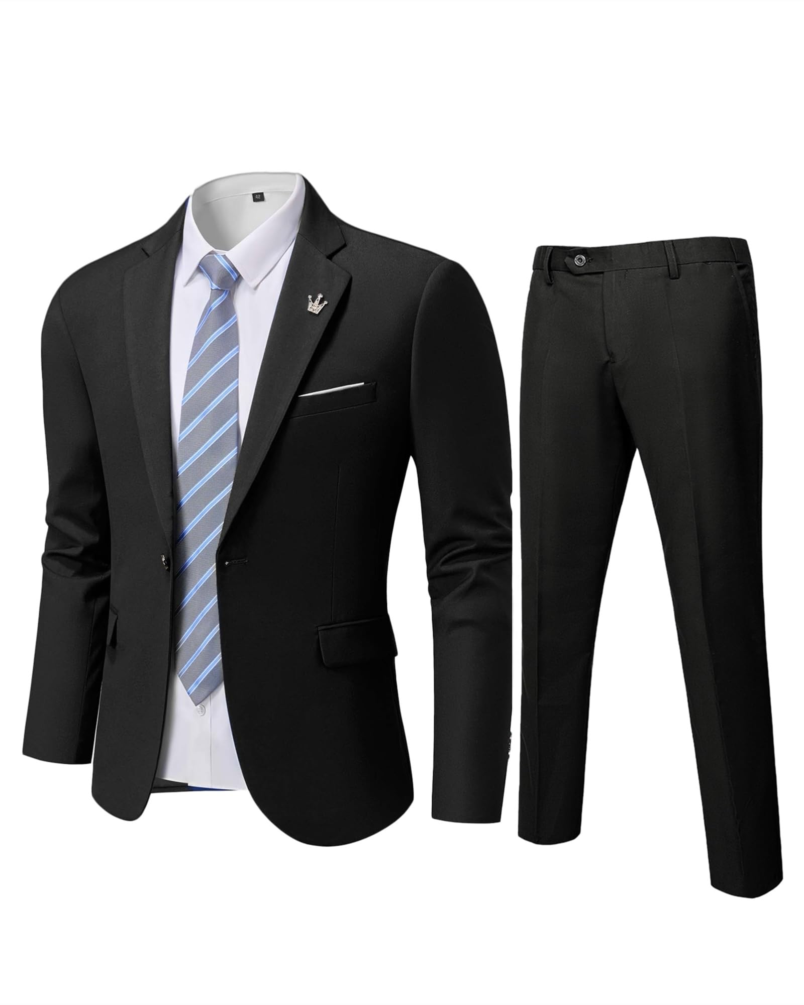 Photo 1 of YND Men's Slim Fit 2 Piece Suit, One Button Jacket Pants Set with Tie, Solid Party Wedding Dress Blazer, Tux Trousers, Black