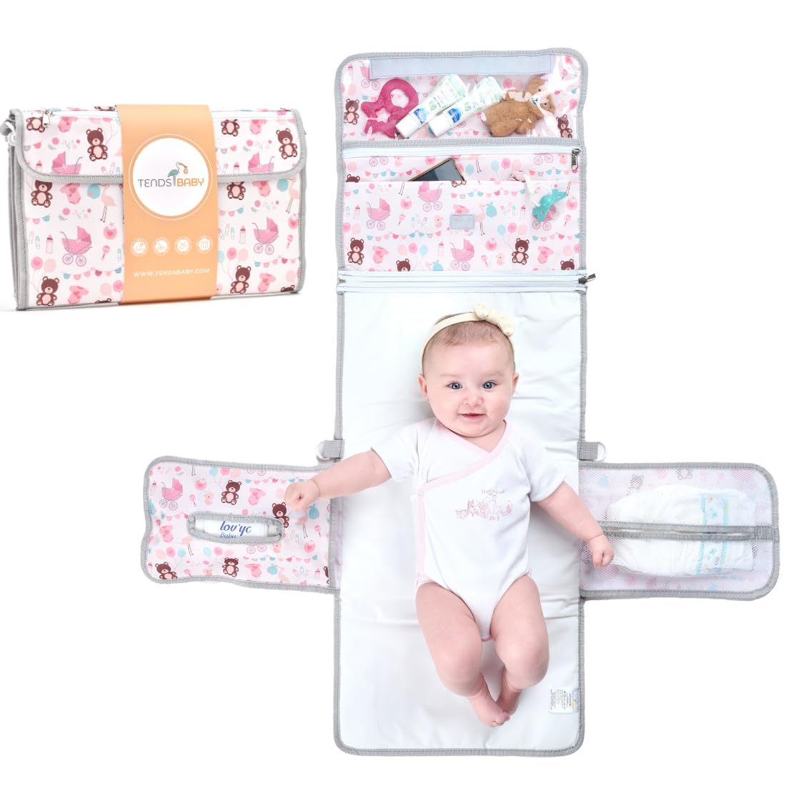 TENDS Portable Baby Changing Pad XL-Waterproof Folding Changing Pad Ideal as Gift for Newborn-The Diaper Changing Pad is a Detachable Bag with 6 Pockets as a Toiletry Bag for Baby Items, Pink