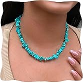 TSdiyART Raw Turquoise Necklace, Handmade Bohemian Crystal Beaded Necklace for Women, Natural Gemstone Chip Choker Necklace