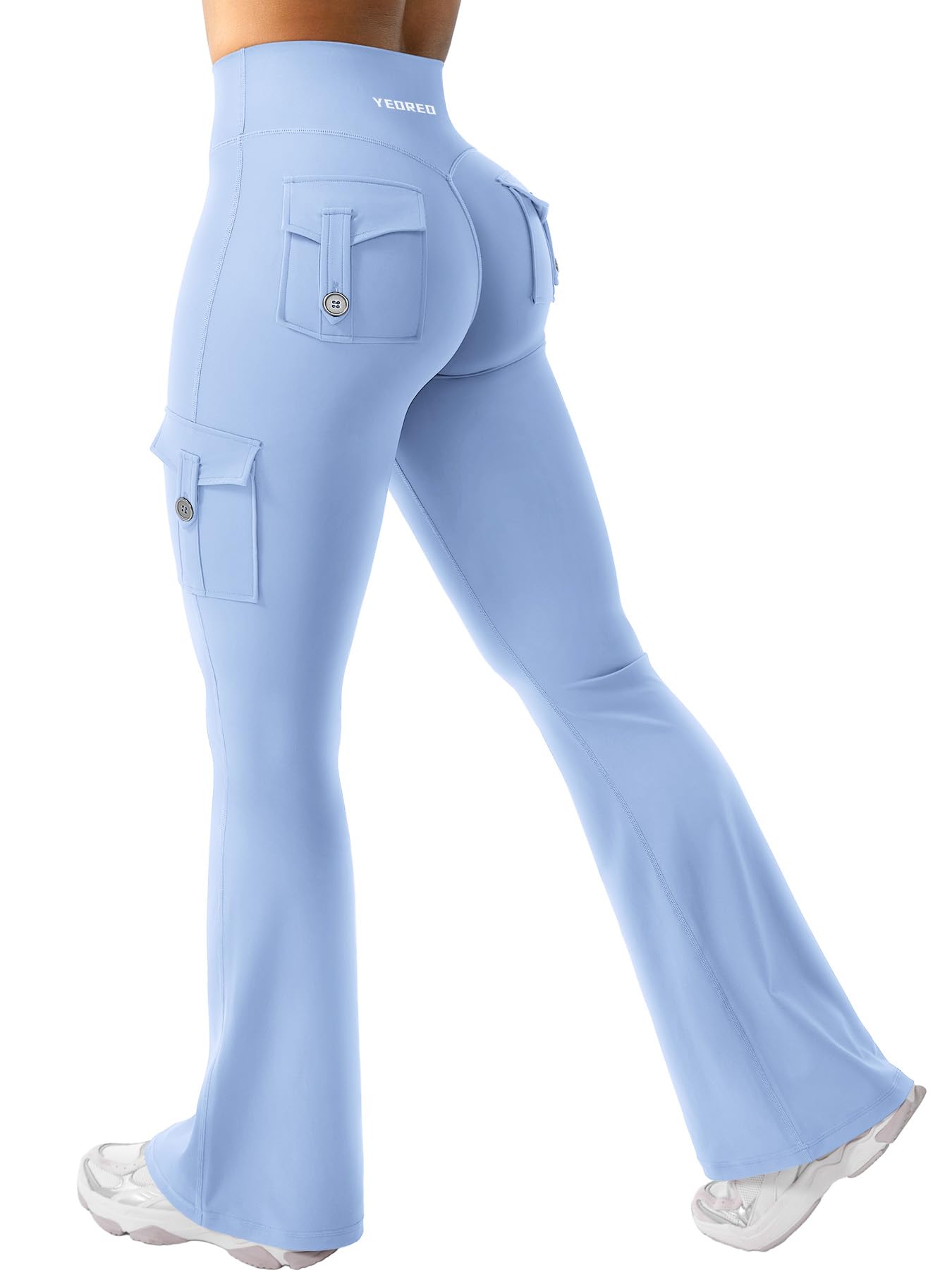 Photo 1 of YEOREO CoreFlex Women Workout Flare Leggings with Pockets Hidden Scrunch High Waisted Cargo Gym Yoga Leggings Light Blue M