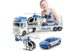 ANJARU 25" Police Toys Vehicle Truck Push & Go Rescue Playset 3 in 1 Includes Mini Police Car and Helicopter Toy in Semi Carrier Truck Gift for Toddlers Boys Age 3+(Police Trailer)