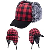 Winter Men Women Plaid Trapper Hat Sherpa Lined Earflaps Fur Cadet Hunting Cap with Visor Ear Flaps