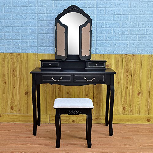 Azadx Makeup Table Set ,Tri-folding Mirror Vanity Table Set Dressing Table Organizers with Cushioned Stool Bedroom (Black-4 Drawer)