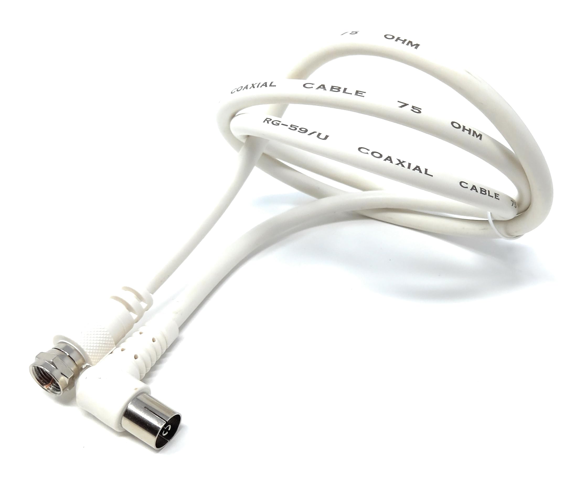 DRUT 1m F Type Male Plug to Right Angled Coax TV Socket Satellite Lead, RG59 75Ohm White Cable 3.3ft