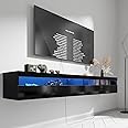 EXQUAL Floating TV Stand, Wall Mounted TV Shelf with Led Lights & Power Outlet, 71" Modern Entertainment Center Media Console with Storage, High Gloss TV Cabinet for 65/75/80 inch TV