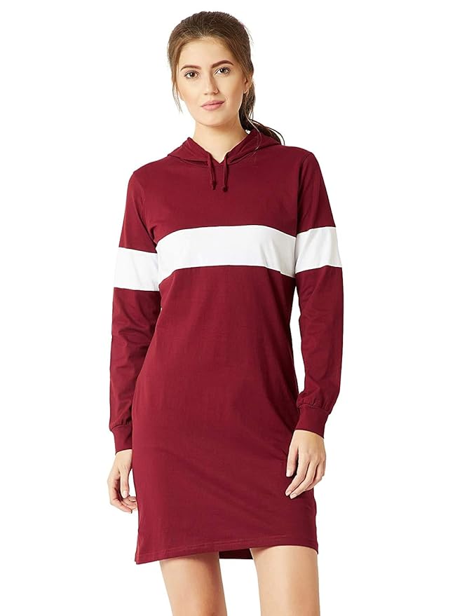 Buy the bebo Women's Red Knee Length Regular Fit Cotton Hoodie Dress at