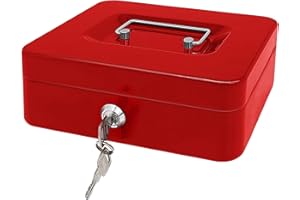 PACOLO Steel Cash Box with Key Lock, Metal Small Money Organizer with Money Tray,Cash Storage Box with Lockable Cover (Red - 10 inch)