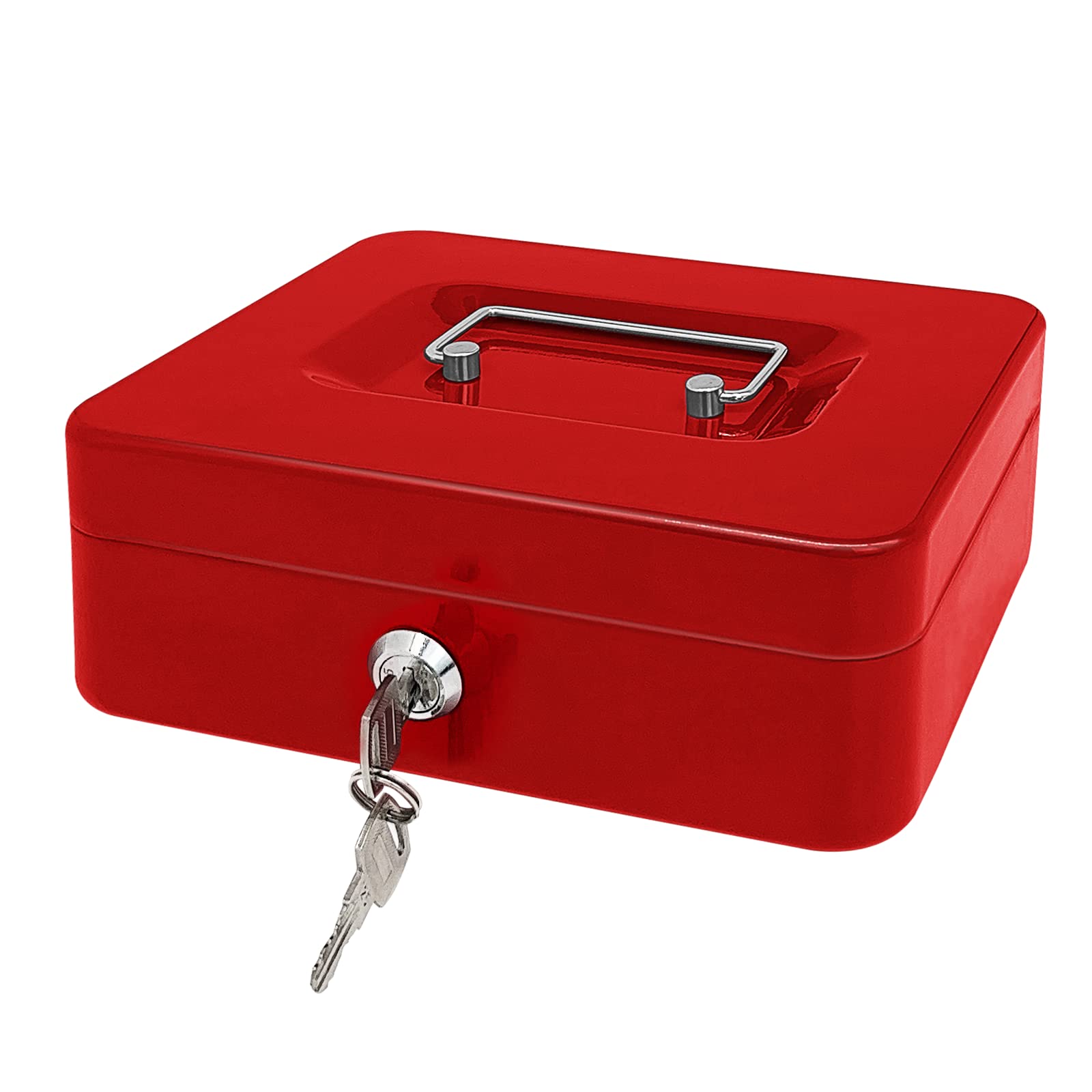 Steel Cash Box with Key Lock, Metal Small Money Organizer with Money Tray,Cash Storage Box with Lockable Cover (Red-25 * 20 * 8.5 CM)