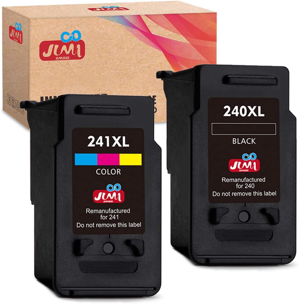 JIMIGO Remanufactured Ink Cartridge Replacement for Canon PG-240XL CL-241XL PG-240 CL-241 240XL 241XL for Pixma MG3620 MG3220 MG3520 MG2220 MG2120 MG3120 MX472 MX452 MX532 MX432 (1 Black,1 Tri-Color)