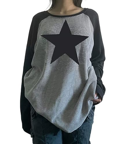 トップス hydrogen star long t-shirts skul y2k gal Women's Star Shirt Y2K Long Sleeve Crew Neck Top Plus Size Tee