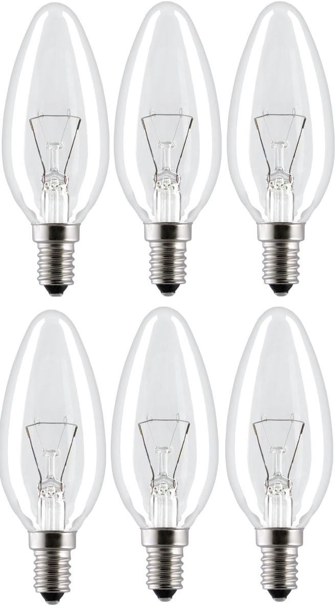6 Pack 60W Classic Clear Candle Light Bulbs, SES E14 Small Screw, Incandescent Dimmable Lamps, 660 Lumen, Mains 240V [Energy Class E]