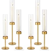 Glass Hurricane Candle Holders Set of 6-Gold Metal Base Taper Candle Stick Holders for CandlesticksHolder Decor, Elegant Dining Table Centerpiece for Wedding, Christmas & Home Decor