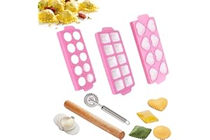 Ravioli Mold，8 Pieces Ravioli Maker Cutter Set Includes Square/Round/Heart-Shaped Dumpling Molds, Wooden Rolling Pin, Round C