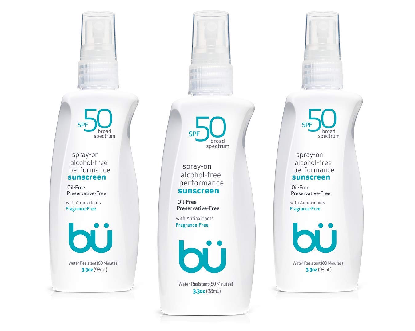 Sunscreen Spray SPF 50 by Bu Value Pack- Travel Size Organic Biodegradable Sun Block for Sensitive Skin - Oil-Free, Alcohol-Free, Non Comedogenic, Water-Resistant (Fragrance-Free, 3.3 Ounce - 3 Pack)