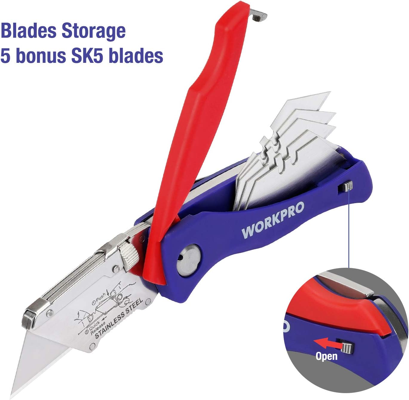 WORKPRO Folding Utility Knife Quick-change Box Cutter, 15 Blades Included, 5 Blades in Handle and 10 Extra Blades in Small Box, SK5 Blades, 1-Pack - - 