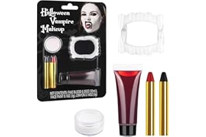 JS2U ZW Halloween Vampire Makeup Kit, SFX Makeup Set with White Face & Body Paint, Fake Blood, Face Paint Crayons & Fake Teeth for Vampire, Zombie, Clown Cosplay and Special Effects
