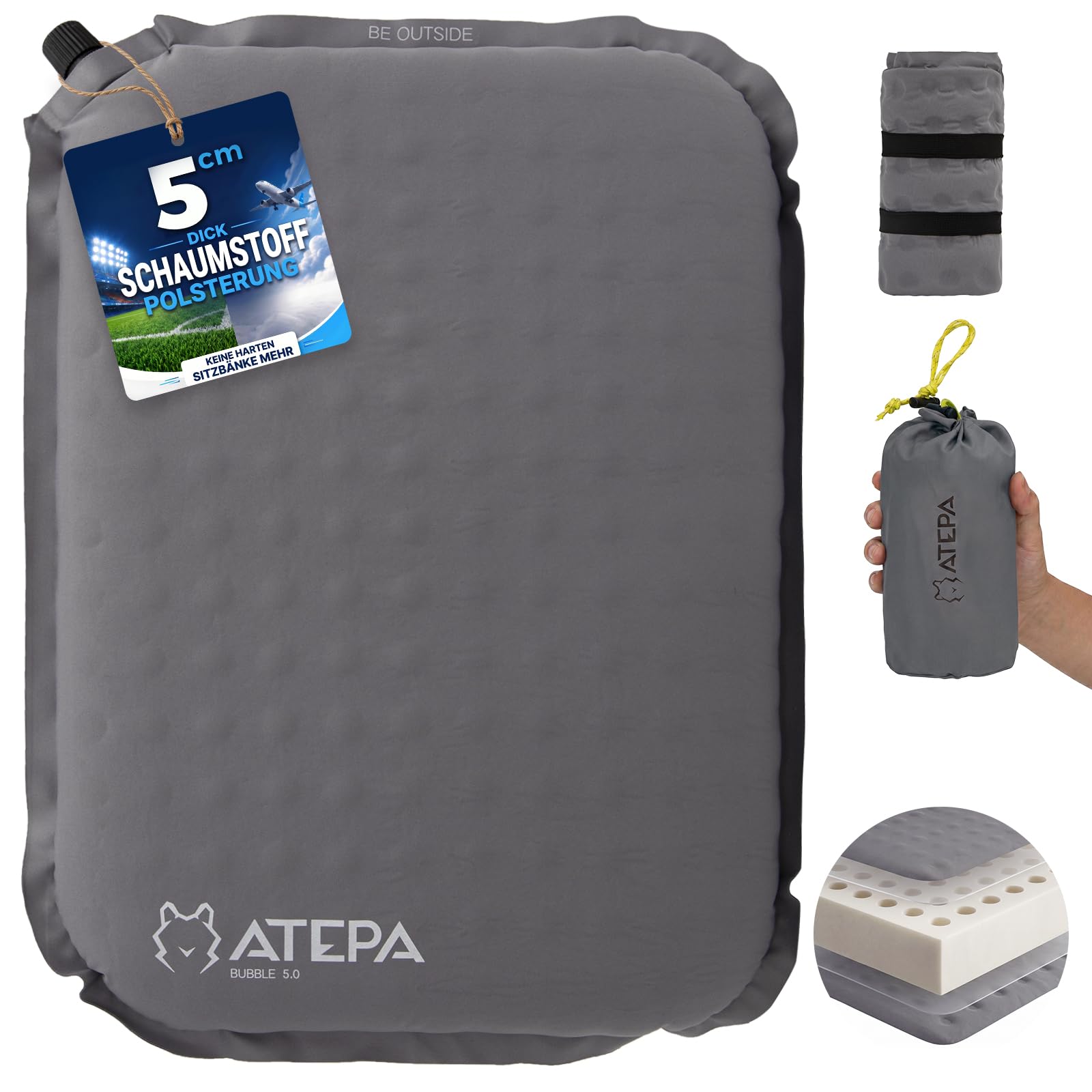 ATEPA Sitzkissen Outdoor, Faltbar Aufblasbar Stadion Flugzeug Unterwegs Camping Wander Bürostuhl Ultraleicht Foam Selbstaufblasend Sitzkissen, Grau