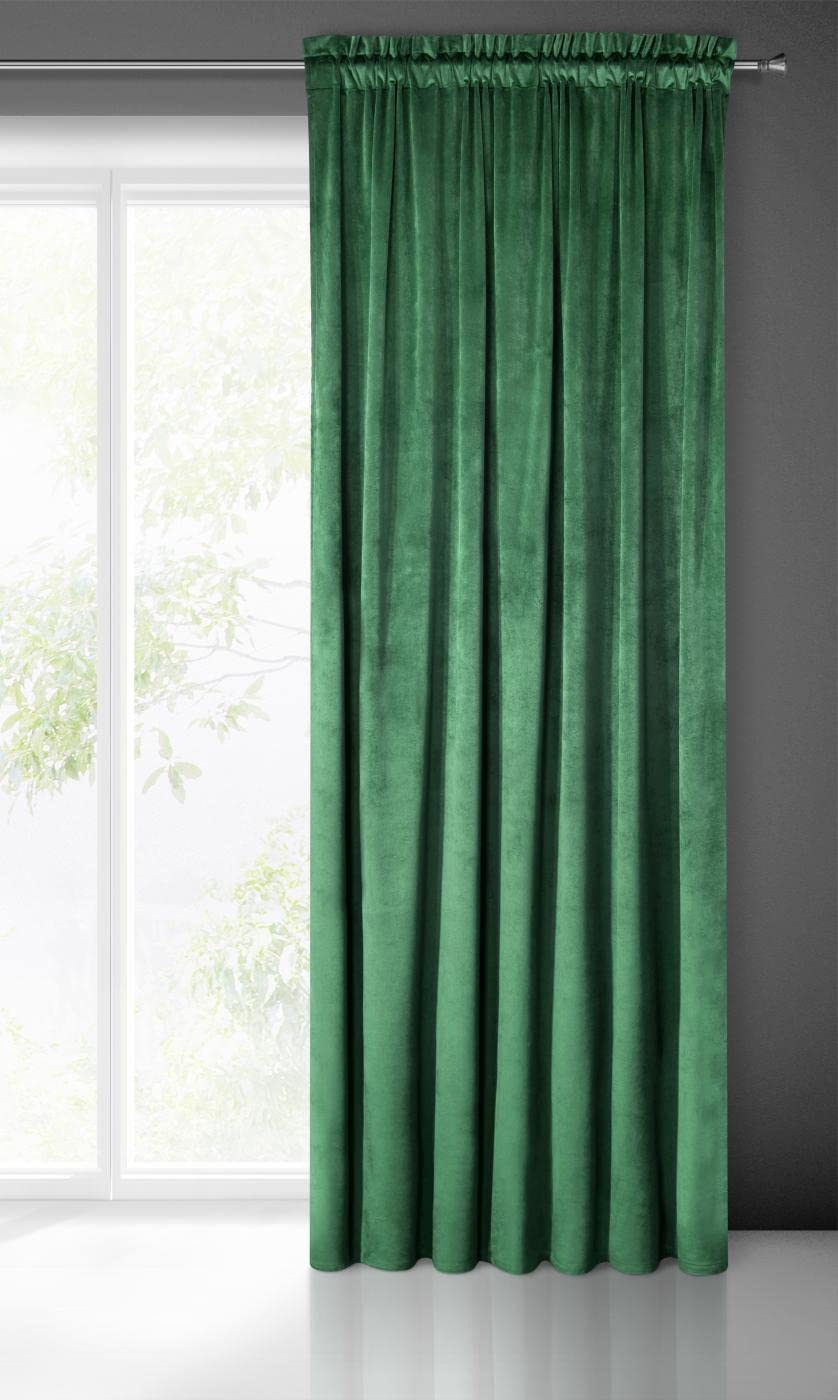 Eurofirany PIERRE Soft Plain Opaque Velvet Curtain with Tape For Rail - 1 Unit, Fluffy Panel Drape Classic Glamour Elegant Living Room, Bedroom, 215 g/m2, W55 x L118, Dark Green