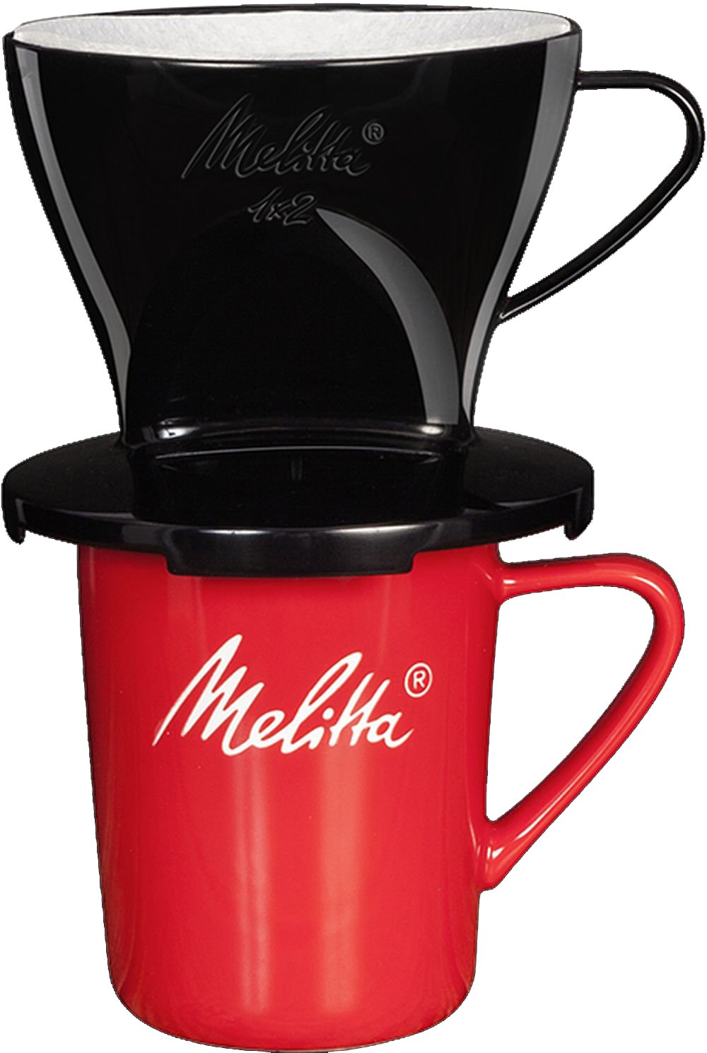 Melitta Coffee Set, Coffee Holder for Filter Bags and Porcelain Cup, Coffee Filter 1x2 Standard, Plastic and Porcelain, Black and red, 217915