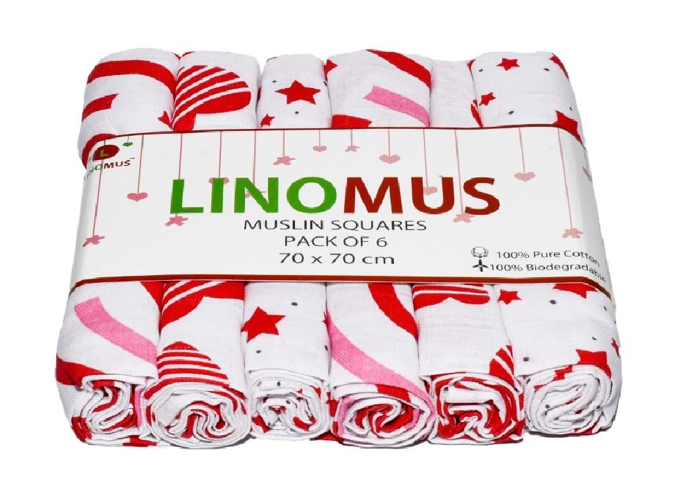 Linomus Muslin Squares - Pack of 6 (70 x 70 cm) - Soft, Absorbent & Breathable 100% Pure Cotton Muslin Cloths for baby- Ideal to Clean, Wipe & Cover Newborns - Red & Pink Galaxy Theme