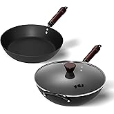 FGJ 13 Inch Wok and 12 Inch Sikllet, Cookware Set, Carbon Steel Woks &Stir-fry Pans Nonstick and Frying Pan, Pre-Seasoned 5.8QT Flat Bottom Chinese Paella Pan, Compatible with All Cooktops
