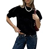 Verdusa Women's Short Sleeve Sweater Lightweight Furry Fuzzy Cropped Sweaters Trendy