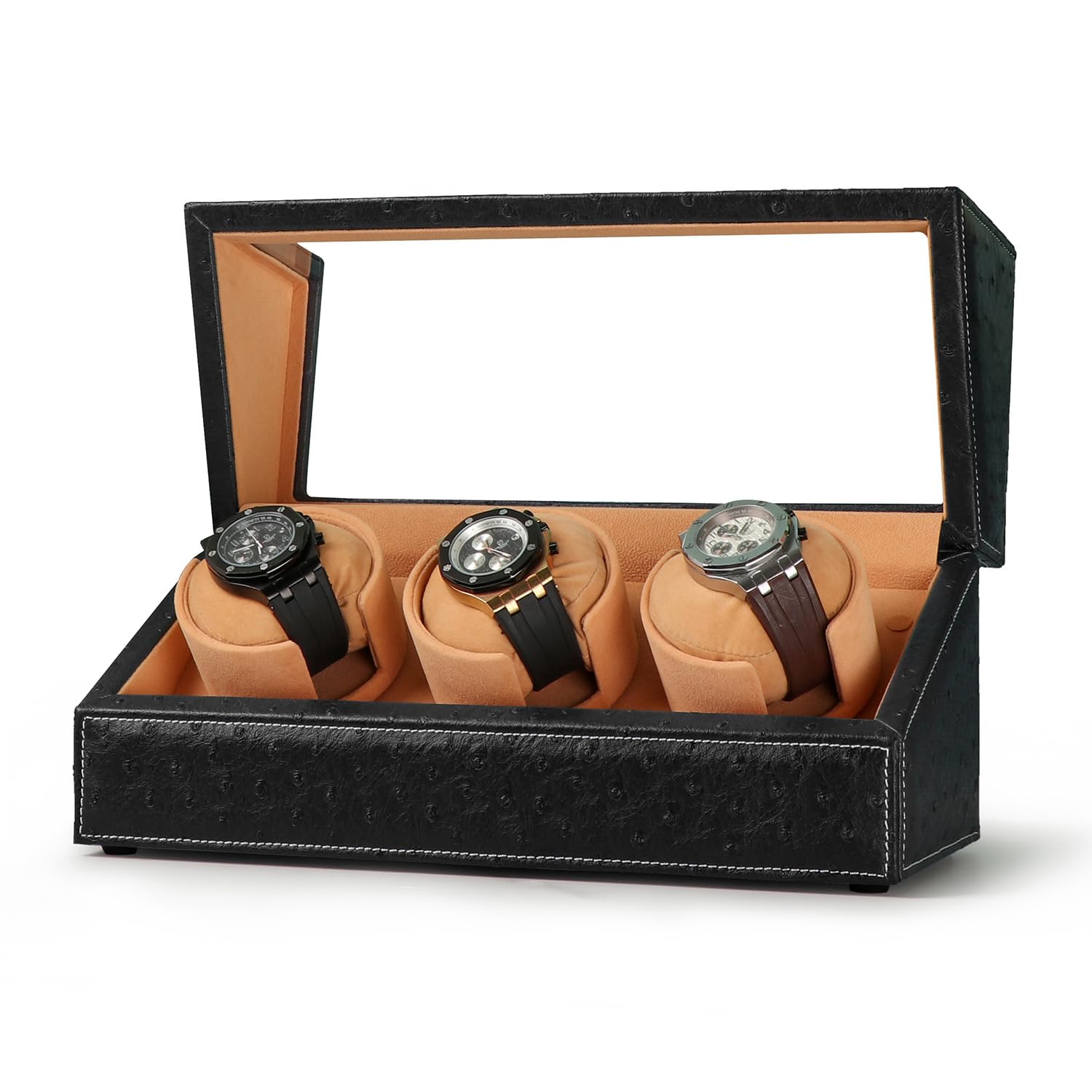 DRIKLUX Automatic Watch Winder for Rolex and Other Luxury Watches - Automatic Winder with Quiet Motor, Premium Black Ostrich Leather Exterior and Soft Flexible Watch Pillows of Camel Velvet