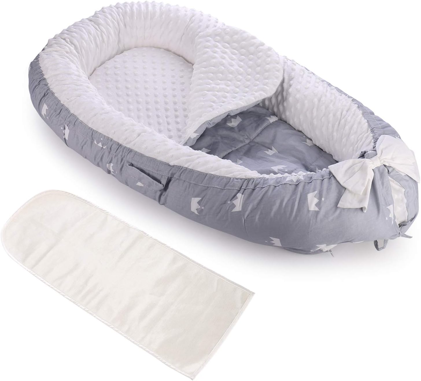 Baby nest pod, Deluxe Newborn Lounger Soft Breathable Cotton Foam Hypoallergenic Bionic Bed with 2 Replaceable Mattresses (Grey/Crown)