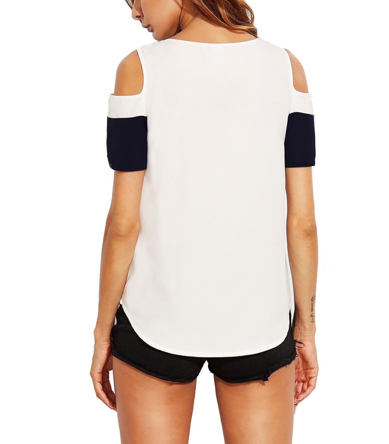 fashmind women's white blue cold shoulder up and down tshirts with round neck