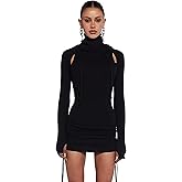 Dolls Kill Compression Ruched Mini Dress by Darker WAVS – Stretchy Hooded Mini Dress with Racerback Cut-Out & Adjustable Ties