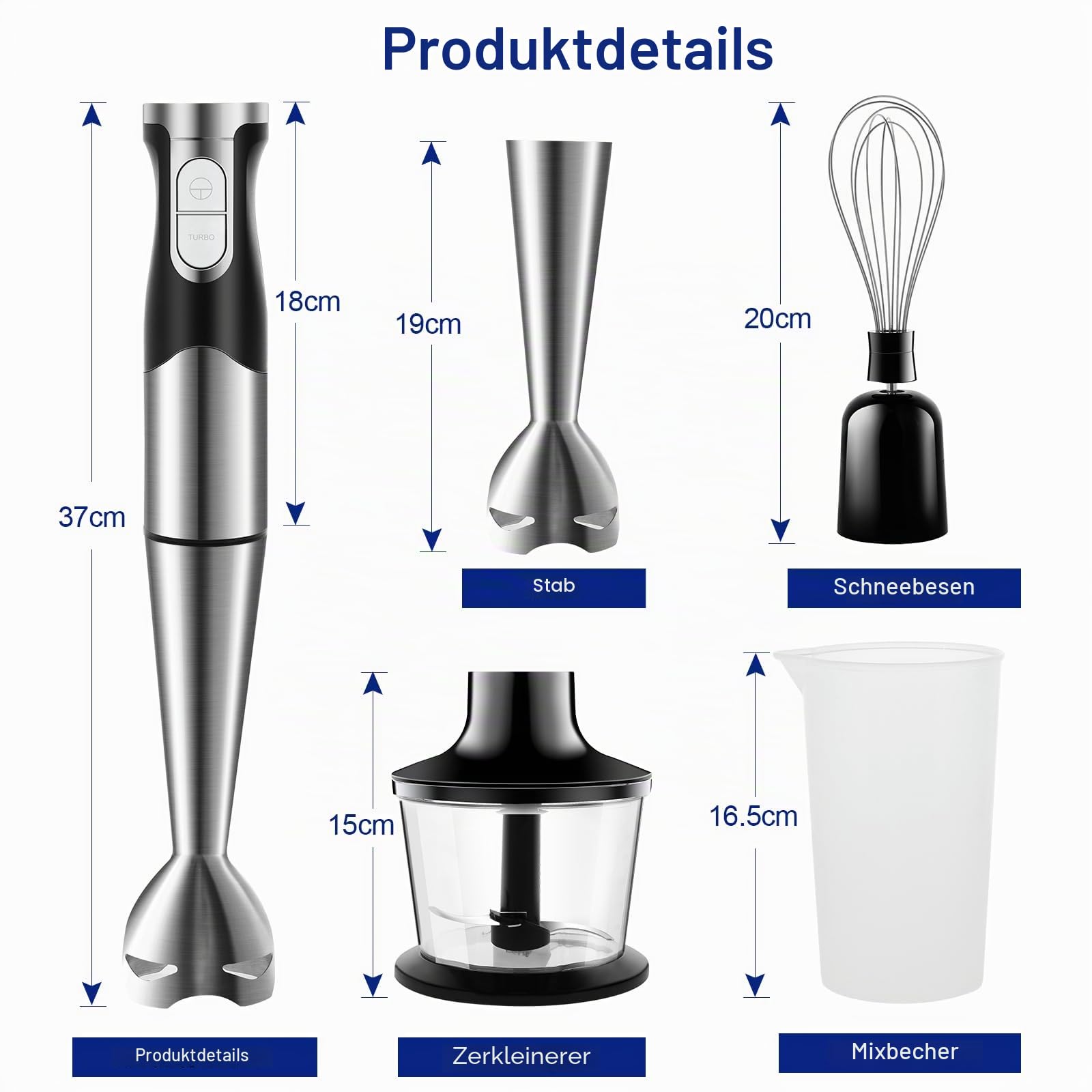 Stabmixer Set 6 in 1 Edelstahl 1200W für Babynahrung Salate Suppen Gemüse 8