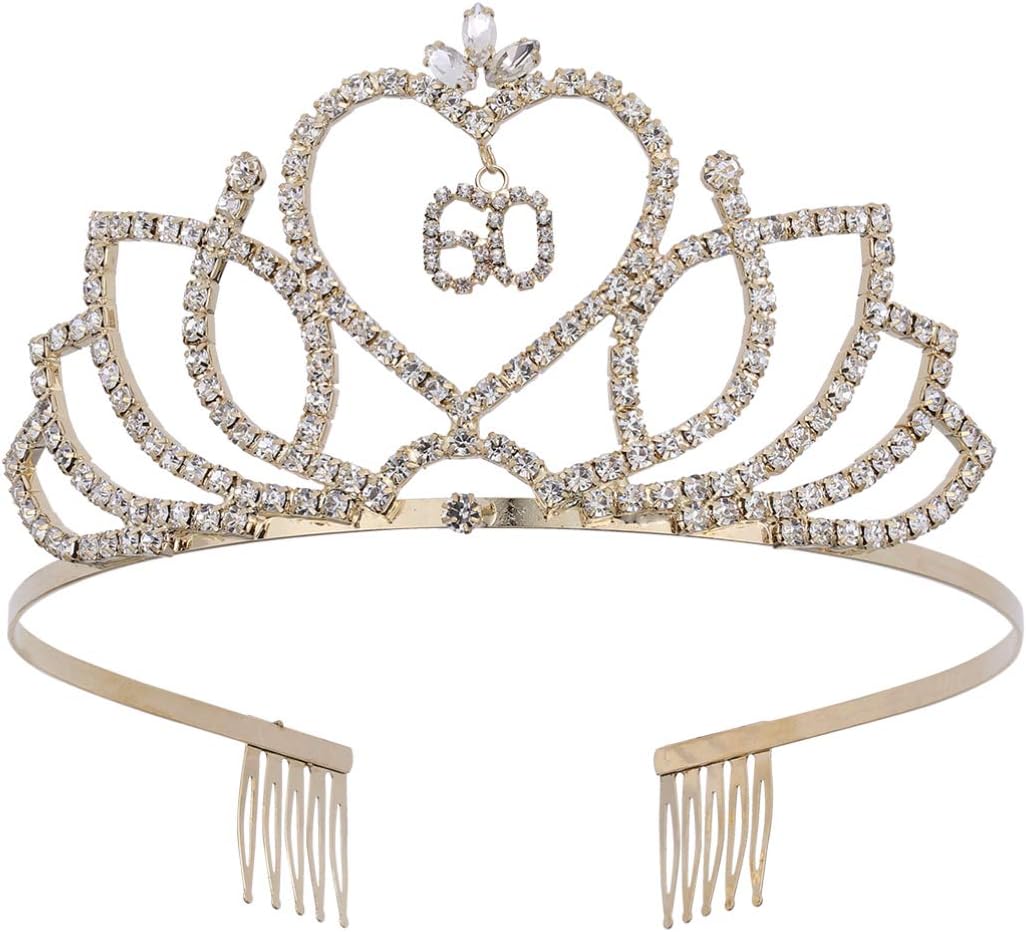 Crystal Rhinestone 60th Birthday Tiara Crown with Hair Comb 60th Birthday Tiara Wedding Anniversary Jewelry (Golden)