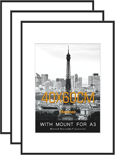 Hesmor 40x60cm Picture Frame Black Aluminum Acrylic Mat Set of 3