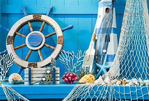 LFEEY 5x3ft Blue Wooden Wall Nautical Birthday Backdrop Seashells Sailing Ship Wheel Helm Fishing Net Starfish Summer Party Photography Background for Events Videos YouTube Photo Studio Props