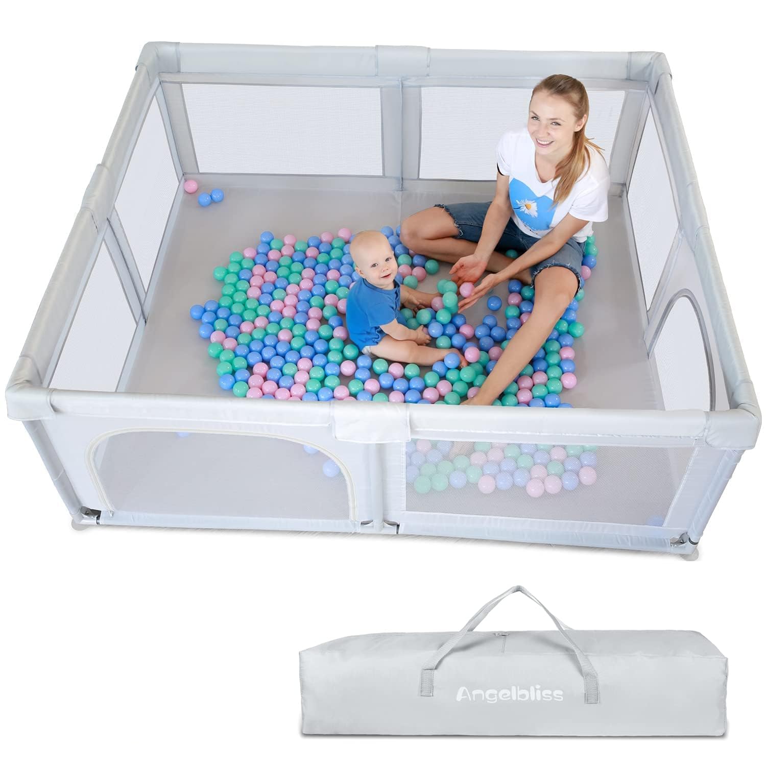 ANGELBLISS Baby Playpen, Extra Large Playard, Indoor & Outdoor Kids Activity Center with Anti-Slip Base, Sturdy Safety Play Yard with Breathable Mesh, Kid's Fence for Infants Toddlers(Grey,79”x71”)