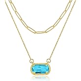 Lourny Gemstone Birthstone Pendant Layered Necklace for Women Trendy, 18K Gold Plated Paperclip Chain Preppy Choker Charm Necklace for Women Wife Jewelry