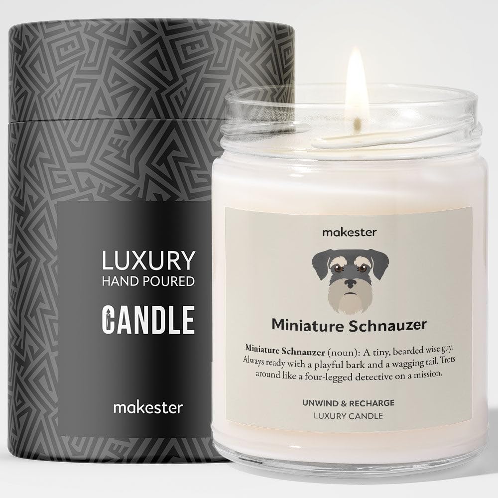 Miniature Schnauzer Gifts - Luxury Soy Wax Candle - Vanilla, Jasmine, Sugared Almond - Makester