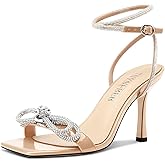 TNYNFBEB Womens Stiletto High Heel Open Square Toe Sandals Ankle Strap Two-Piece Buckle Rhinestone Crystal Bow-knot Prom Dress Summer 3.5 Inches Heels