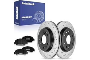 AutoShack Front Vented Drilled & Slotted E-Coated Brake Rotors + Ceramic Pads 6-PC Brake Kit Replacement for 2005-2018 Chevro