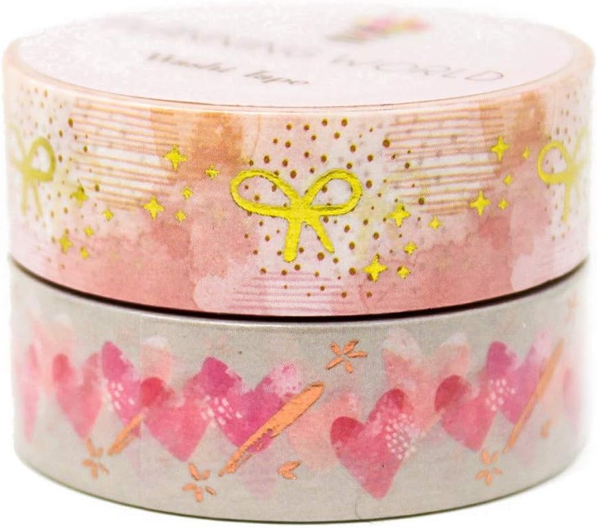 Set of 2 Gold and Rose Gold Foil Washi Tapes, Bow and Heart Design, 15mm Decorative Scrapbooking Planning Masking Tape