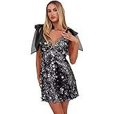 Rjer Sparkly Sequins Homecoming Dresses for Teens Spaghetti Straps V Neck Short Prom Dress Cocktail Party Gowns with Bow