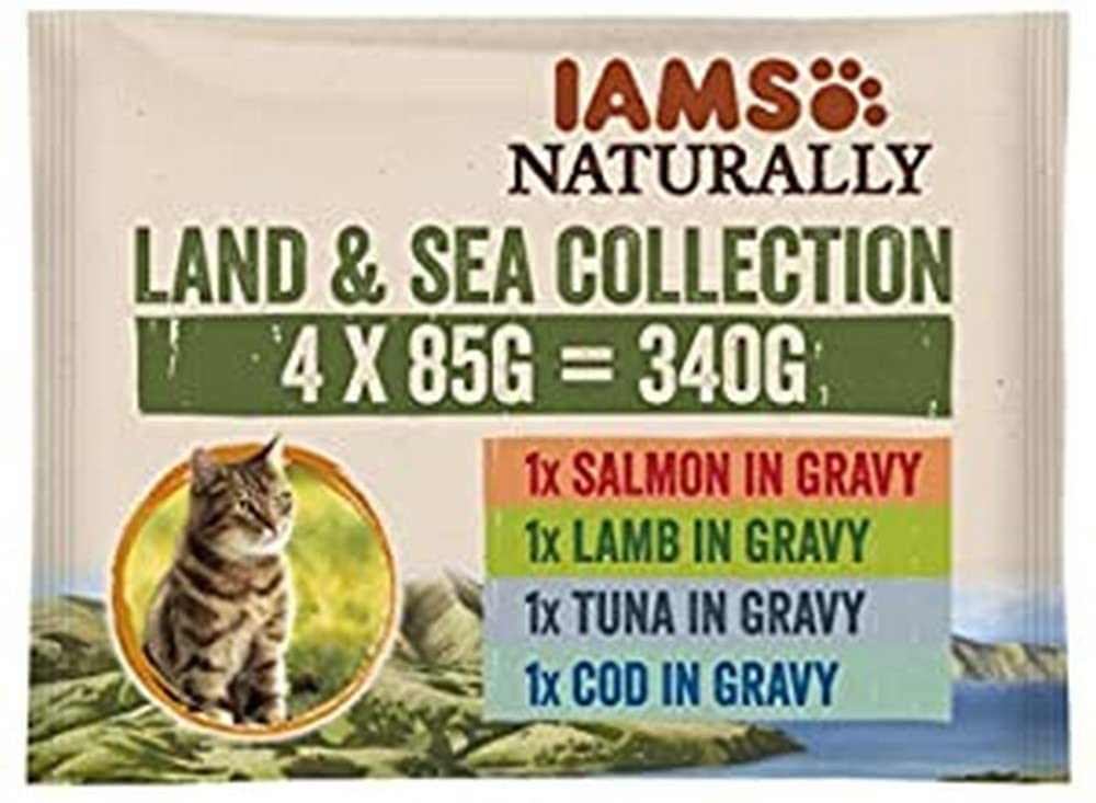 IAMS Naturally Wet Cat Food Land and Sea Collection Complete and Balanced Cat Food with Natural Ingredients for Adult Cats, 4 x 85 g